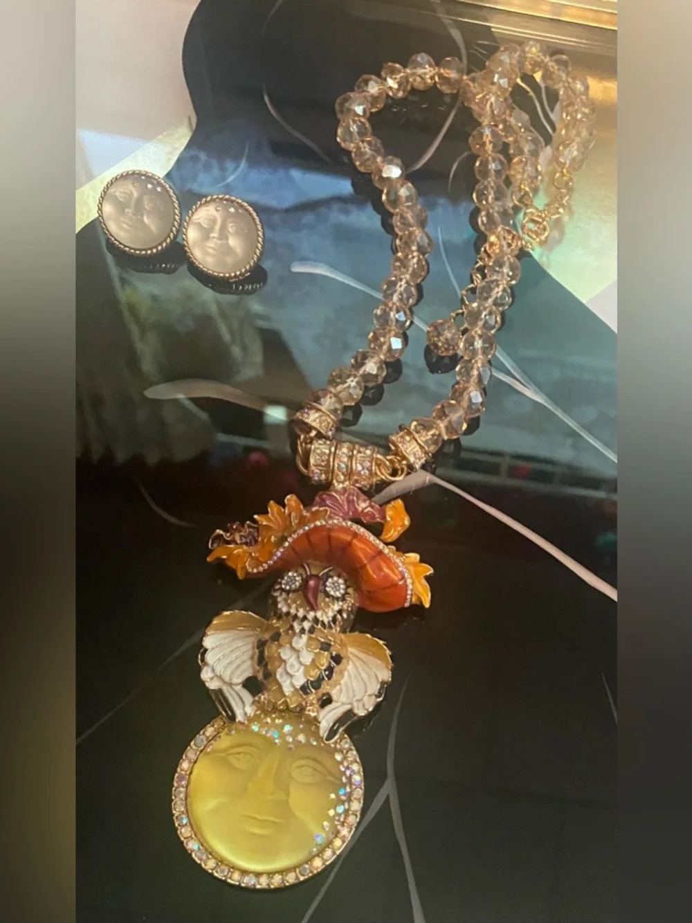 Kirks Folly Moon & Owl Magnetic Pendant/Necklace & Moon Earrings #81